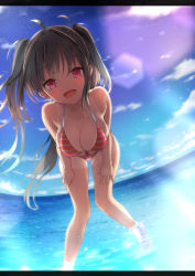 Rule 34 | 1girl, :d, ahoge, backlighting, bare arms, bare legs, bare shoulders, barefoot, bent over, bikini, blue sky, blush, breasts, bursting breasts, cleavage, cloud, cloudy sky, collarbone, commentary request, day, dutch angle, fisheye, floating hair, foot out of frame, foreshortening, front-tie bikini top, front-tie top, grey hair, hair intakes, halterneck, hands on own thighs, happy, hexagon, horizon, large breasts, leaning forward, lens flare, light particles, long hair, looking at viewer, natsushima memo, ocean, open mouth, original, outdoors, pink eyes, red bikini, sideboob, sidelocks, skindentation, sky, smile, solo, standing, string bikini, striped bikini, striped clothes, swimsuit, tan, tanline, tiptoes, twintails, two side up, very long hair, wading, water