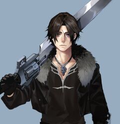 Rule 34 | 1boy, alternate costume, black gloves, black jacket, black shirt, blue background, blue eyes, brown hair, cropped jacket, expressionless, final fantasy, final fantasy viii, fur-trimmed jacket, fur trim, gloves, gunblade, holding, holding weapon, jacket, jewelry, long sleeves, male focus, necklace, nini tw99, open clothes, open jacket, over shoulder, scar, scar on face, scar on forehead, shirt, short hair, simple background, solo, standing, v-neck, weapon, weapon over shoulder
