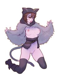 Rule 34 | 1girl, animal ears, animal hood, blush, boots, breasts, breasts out, cape, cat ears, cat girl, cat hood, cat tail, cleft of venus, fur cape, highres, hood, kneeling, leather, leather boots, nathy, nipples, no panties, perky breasts, petite, pussy, short hair, small breasts, solo, tail, thighhighs, thighs, tongue, tongue out