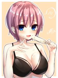 Rule 34 | 1girl, :d, bad id, bad pixiv id, bikini, black bikini, blue eyes, blush, breasts, brown background, cleavage, collarbone, commentary request, food, food on body, food on breasts, go-toubun no hanayome, hair between eyes, hands up, highres, holding, holding food, ice cream, large breasts, nakano ichika, open mouth, outline, pink hair, ramchi, short hair, signature, smile, solo, spoken blush, sweat, swimsuit, two-tone background, upper body, white background, white outline