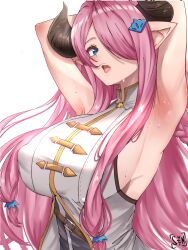 Rule 34 | 1girl, armpits, arms behind head, arms up, artist name, blue eyes, breasts, brown horns, commentary, curled horns, draph, granblue fantasy, hair ornament, hair over one eye, highres, horns, large breasts, long hair, looking at viewer, mixed-language commentary, narmaya (granblue fantasy), pink hair, presenting armpit, shirt, solo, sweat, syyn (syyndev), upper body, watermark, white shirt