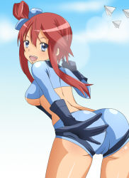 Rule 34 | 10s, 1girl, alternate color, ass, blue eyes, blush, breasts, creatures (company), female focus, from behind, game freak, gloves, gym leader, hair ornament, long hair, looking at viewer, nintendo, open mouth, pokemon, pokemon bw, red hair, shiny clothes, shiny skin, short shorts, shorts, sideboob, sky, skyla (pokemon), smile, solo, underboob, yuu-&gt; (macro)