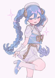 Rule 34 | 1girl, absurdres, beret, blue eyes, blue footwear, blue hair, blue nails, blush, bow, bowtie, braid, brooch, collared shirt, foot out of frame, hair ribbon, hakudaku, half-closed eyes, hand up, hat, hatsune miku, high heels, highres, jewelry, kneehighs, leg up, long hair, looking at viewer, open mouth, pleated skirt, ribbon, shirt, short sleeves, sidelocks, skirt, smile, socks, solo, sparkle, twin braids, very long hair, vocaloid, white skirt, white socks, wrist cuffs