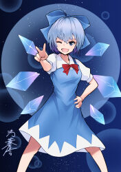 Rule 34 | 1girl, absurdres, blue background, blue bow, blue dress, blue eyes, blue hair, bow, cirno, collared shirt, commentary request, dress, hair bow, hand on own hip, highres, ice, ice wings, light particles, looking at viewer, neck ribbon, one eye closed, open mouth, red ribbon, ribbon, shirt, short hair, short sleeves, signature, smile, solo, standing, touhou, v, white shirt, wings, yagoro kusuriya