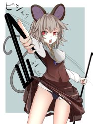 Rule 34 | 1girl, animal ears, black panties, capelet, clothes lift, dowsing rod, dress, dress lift, gem, grey dress, grey hair, highres, ishikkoro, jewelry, looking at viewer, mouse ears, mouse tail, nazrin, necklace, open mouth, panties, pantyshot, pendant, red eyes, solo, standing, tail, touhou, underwear