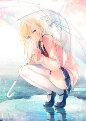 Rule 34 | 1girl, angel wings, black footwear, black sailor collar, blonde hair, blue eyes, blue skirt, bow, bowtie, closed mouth, commentary request, day, earrings, flower, hair flower, hair ornament, highres, holding, holding umbrella, index finger raised, jewelry, long hair, long sleeves, looking at viewer, mary janes, miniskirt, noele (toosaka asagi), original, outdoors, pink flower, red bow, red bowtie, reflection, sailor collar, school uniform, serafuku, shoes, skirt, smile, solo, squatting, thighhighs, toosaka asagi, transparent, transparent umbrella, umbrella, very long hair, white thighhighs, white wings, wings, zettai ryouiki