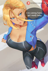 Rule 34 | 1girl, araneesama, bare shoulders, black bra, black gloves, black pants, blonde hair, blue eyes, blue jacket, blush, bra, breasts, cammy white, cleavage, collarbone, covered erect nipples, crop top, english text, facial scar, fingerless gloves, full body, gloves, highres, jacket, large breasts, looking at viewer, navel, open clothes, open jacket, pants, parted lips, scar, scar on cheek, scar on face, short hair, solo, speech bubble, sports bra, standing, street fighter, street fighter 6, thighs, tight clothes, tight pants, toned, underwear, yoga pants