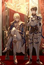 Rule 34 | 2boys, aglovale (granblue fantasy), aiguillette, armored boots, belt, black belt, black pants, blonde hair, blue cape, blue coat, boots, brown hair, cape, carpet, closed eyes, coat, crossed legs, cuirass, curtains, epaulettes, facing viewer, full body, gauntlets, gloves, granblue fantasy, hair between eyes, hand on own chest, highres, light particles, long hair, looking at viewer, male focus, medal, multiple boys, muramitsu (d3jgv), own hands together, pants, red eyes, sash, sheath, sheathed, short hair, shoulder sash, sitting, smile, standing, sword, throne, tor (granblue fantasy), two-sided cape, two-sided fabric, weapon, white footwear, white gloves, white pants