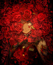 Rule 34 | 1boy, blonde hair, blood, blood on clothes, blood on face, bouquet, cape, closed mouth, commentary, demon slayer uniform, dripping, empty eyes, flower, flower request, kimetsu no yaiba, koby, looking at viewer, male focus, one eye covered, peeking out, red flower, red theme, red thighhighs, rengoku kyoujurou, smile, solo, straw cape, thighhighs, upper body, yellow eyes