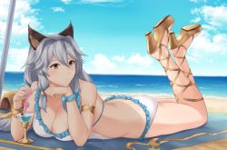 Rule 34 | 10s, 1girl, animal ears, ass, back, beach, bikini, blush, bracelet, breasts, brown eyes, butt crack, cat ears, cherry, cleavage, cocktail glass, cup, day, drinking glass, food, fruit, granblue fantasy, heles, heles (summer) (granblue fantasy), high heels, jewelry, large breasts, long hair, lying, ocean, on stomach, silver hair, solo, swimsuit, terry (pixiv3274443), white bikini