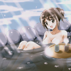 Rule 34 | 1girl, :d, bathing, breasts, brown hair, cleavage, commentary request, cup, grey eyes, kinfuji, large breasts, long hair, looking at viewer, onsen, open mouth, original, smile, solo, touge chayako, tray, yunomi