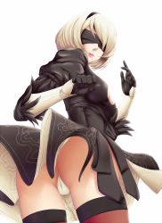 Rule 34 | 1girl, android, ass, black dress, black gloves, black hairband, blindfold, breasts, cameltoe, dress, from behind, from below, gloves, hairband, highres, leotard, looking at viewer, mole, mole under mouth, nier (series), nier:automata, parted lips, rixch, short hair, skirt, solo, thighhighs, thong, thong leotard, upskirt, white gloves, white hair, 2b (nier:automata)