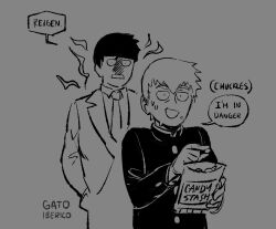 Rule 34 | 2boys, age switch, aged down, aged up, artist name, candy, commentary, english commentary, english text, food, formal, gakuran, gatoiberico, grey background, greyscale, hand in pocket, highres, holding, holding food, kageyama shigeo, long sleeves, looking at another, male focus, mob psycho 100, monochrome, multiple boys, necktie, nervous smile, nervous sweating, open mouth, reigen arataka, school uniform, short hair, simple background, smile, speech bubble, suit, sweat