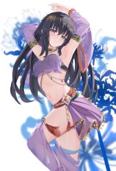 Rule 34 | 1girl, absurdres, armpits, arms up, bandeau, bare shoulders, black hair, commentary request, cowboy shot, detached sleeves, head chain, head tilt, highres, inoue takina, jewelry, long hair, looking at viewer, lycoris recoil, midriff, navel, neck ring, parted lips, pharmarr, purple eyes, purple skirt, skirt, solo, standing, stomach, strapless, thighs, tube top, very long hair, white background