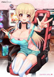 Rule 34 | 1girl, :d, artist name, bare shoulders, bead bracelet, beads, black choker, blonde hair, bracelet, breasts, brown eyes, chair, choker, cleavage, collarbone, computer, energy drink, english text, green nails, headphones, headphones around neck, highres, huge breasts, indoors, jewelry, long hair, looking at viewer, monitor, mouse (computer), nail polish, nintendo switch, open mouth, original, overalls, panties, sitting, smile, solo, thighhighs, underwear, v, virus-g, white thighhighs
