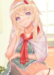 Rule 34 | 1girl, alice margatroid, arietto, bad anatomy, blonde hair, blush, breasts, brown eyes, closed mouth, collarbone, cookie (touhou), food-themed hair ornament, hair ornament, hairband, ichigo (cookie), long hair, looking at viewer, medium breasts, navel, smile, solo, strawberry hair ornament, touhou