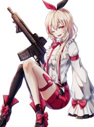 Rule 34 | 1girl, asymmetrical legwear, belt, black thighhighs, blonde hair, blush, bow, breasts, full body, girls&#039; frontline, gun, hair bow, hand on floor, highres, holding, holding gun, holding weapon, kogarashi kon, long hair, long sleeves, looking at viewer, m4 sopmod ii, m4 sopmod ii (girls&#039; frontline), m4 sopmod ii (the guarded beloved) (girls&#039; frontline), multicolored hair, neck ribbon, official alternate costume, on floor, one eye closed, open mouth, purple eyes, purple shorts, ribbon, shirt, shoes, shorts, single sock, single thighhigh, socks, solo, teeth, thighhighs, upper teeth only, weapon, white background, white shirt