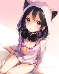 Rule 34 | 10s, 1girl, animal hood, bare legs, barefoot, bikini, bikini top only, black hair, breasts, from above, gluteal fold, headphones, headphones around neck, hood, hoodie, looking at viewer, love live!, love live! school idol project, mignon, mouth hold, navel, open clothes, open hoodie, red eyes, sitting, sleeves past wrists, small breasts, solo, swimsuit, twintails, unzipped, yazawa nico