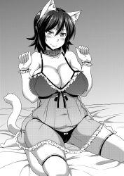 Rule 34 | 1girl, animal ears, bare shoulders, bed, blush, breasts, cat ears, cat tail, cleavage, collar, gloves, greyscale, highres, huge breasts, kneeling, looking at viewer, monochrome, nightgown, nokoppa, original, panties, plump, see-through, short hair, smile, solo, tail, thighhighs, thighs, underwear