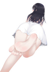 Rule 34 | 1girl, ass, bare legs, barefoot, black hair, blue eyes, blush, dress, feet, foot focus, foot up, foreshortening, from behind, highres, long hair, looking at viewer, looking back, lying, off shoulder, on stomach, original, saki chisuzu, simple background, soles, solo, thighs, white background, white dress