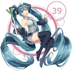 Rule 34 | 1girl, 39, absurdly long hair, absurdres, ahoge, aqua eyes, aqua hair, bad id, bad pixiv id, boots, dated, detached sleeves, full body, hatsune miku, highres, long hair, nail polish, narumiyaaz, necktie, open mouth, panties, skirt, solo, spring onion, striped clothes, striped panties, thigh boots, thighhighs, twintails, underwear, very long hair, vocaloid, white background