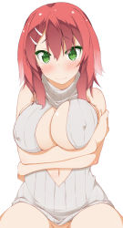 Rule 34 | 1girl, bare shoulders, blush, bottomless, breast hold, breasts, cleavage, curvy, covered erect nipples, female focus, green eyes, hair ornament, hairclip, hinata masaki, large breasts, looking at viewer, meme attire, navel, original, red hair, simple background, sitting, solo, sweater, turtleneck, virgin killer sweater, white background