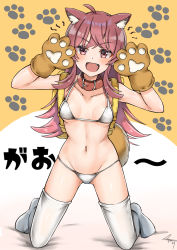 Rule 34 | 1girl, absurdres, ahoge, animal collar, animal ear fluff, animal ears, animal hands, artist name, backpack, bag, bed sheet, bikini, breasts, collar, collarbone, commentary, eyes visible through hair, fang, full body, gloves, gluteal fold, groin, halterneck, highres, idolmaster, idolmaster shiny colors, kemonomimi mode, kneeling, komiya kaho, long hair, looking at viewer, mabanna, matching hair/eyes, navel, on bed, open mouth, paw gloves, paw pose, paw print, randoseru, red collar, red eyes, red hair, signature, small breasts, smile, solo, string bikini, swimsuit, thighhighs, translated, white bikini, white thighhighs