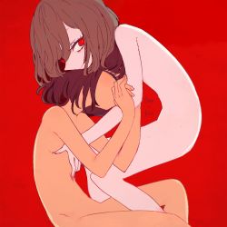 Rule 34 | 2girls, brown hair, chara (undertale), closed eyes, colored skin, frisk (undertale), hand on another&#039;s chest, head tilt, holding another&#039;s arm, looking to the side, multiple girls, nude, red background, red eyes, short hair, simple background, sitting, smile, soseji (tjduswjd), undertale, white skin