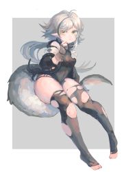 Rule 34 | 1girl, absurdres, antenna hair, arknights, black sleeves, black thighhighs, border, brown gloves, crocodilian tail, detached sleeves, flower, full body, gloves, green hair, green tunic, grey background, grey hair, heibulalajixiansheng, highres, long hair, looking at viewer, multicolored hair, partially fingerless gloves, simple background, sitting, solo, streaked hair, tail, thighhighs, thighs, toeless legwear, tomimi (arknights), torn clothes, torn thighhighs, white border, white flower, yellow eyes