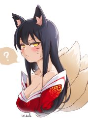 Rule 34 | 1girl, ?, ahri (league of legends), animal ear fluff, animal ears, artist name, bare shoulders, blush, breasts, cleavage, cropped torso, detached sleeves, facial mark, fox ears, fox girl, fox tail, from side, large breasts, league of legends, lolboja, looking at viewer, simple background, solo, speech bubble, sweatdrop, tail, whisker markings, white background