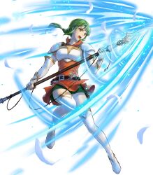 Rule 34 | 1girl, armor, belt, boots, breastplate, dress, elbow gloves, feathers, fingerless gloves, fire emblem, fire emblem: the sacred stones, fire emblem heroes, full body, gloves, gold trim, green eyes, green hair, highres, holding, holding weapon, leg up, long hair, looking away, low ponytail, nintendo, non-web source, official art, open mouth, polearm, ponytail, short dress, shoulder armor, shoulder pads, sidelocks, sleeveless, spear, teeth, thigh boots, thighhighs, transparent background, uroko (mnr), vanessa (fire emblem), weapon, zettai ryouiki