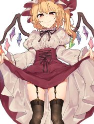 Rule 34 | 1girl, alternate costume, bad id, bad pixiv id, black thighhighs, blonde hair, blush, breasts, bright pupils, closed mouth, clothes lift, commentary request, corset, crystal, dress, dress lift, feet out of frame, flandre scarlet, frilled hat, frilled sleeves, frills, garter straps, hat, hat ribbon, highres, juliet sleeves, kozomezuki, lifted by self, long sleeves, looking at viewer, looking down, medium breasts, mob cap, neck ribbon, puffy sleeves, red eyes, ribbon, short hair, side ponytail, simple background, smile, smug, solo, thighhighs, thighs, touhou, white background, white pupils, wings