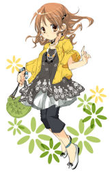 Rule 34 | 1girl, anklet, bad id, bad pixiv id, bag, black pants, black ribbon, blush, bracelet, brown hair, buttons, collarbone, dress, fashion, footwear ribbon, full body, handbag, holding, holding bag, index finger raised, izumi rei, jacket, jewelry, layered dress, looking at viewer, nail polish, necklace, no socks, open clothes, open jacket, original, pants, pink nails, ribbon, short sleeves, simple background, sketch, solo, tareme, unbuttoned, white background, yellow jacket