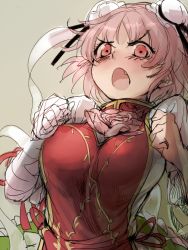 Rule 34 | 1girl, bandages, blush, breasts, double bun, fang, geppewi, ibaraki kasen, large breasts, looking at viewer, open mouth, pink eyes, pink hair, short hair, sketch, solo, touhou