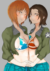 Rule 34 | 2girls, american flag bikini, american flag print, bikini, bikini under clothes, blue shorts, blush, breast press, breasts, brown eyes, brown hair, brown jacket, closed mouth, commentary, cropped jacket, denim, denim shorts, emblem, flag print, girls und panzer, grey background, half-closed eyes, highres, holding hands, interlocked fingers, jacket, long sleeves, looking at viewer, medium breasts, midriff, monji (crazy flogman 1), multiple girls, navel, nishizumi miho, open clothes, open jacket, orange eyes, orange hair, print bikini, saunders military uniform, sawa azusa, short hair, shorts, simple background, smile, standing, star (symbol), swimsuit, symmetrical docking