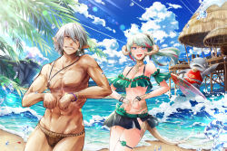 Rule 34 | 1boy, 1girl, animal print, aqua hair, au ra, bangle, bare shoulders, beach, bell, bikini, bikini skirt, black eyes, blue eyes, blue sky, blush, bow, bracelet, breasts, brown male swimwear, brown swim briefs, clenched hands, cloud, cluseller, collarbone, cowboy shot, dark-skinned male, dark skin, day, dragon girl, elezen, elf, eye contact, fangs, final fantasy, final fantasy xiv, flower, green bikini, green bow, green flower, green rose, grey hair, grin, hair tie, half-closed eyes, happy, haurchefant greystone, horizon, horns, hut, jaguar print, jewelry, jingle bell, lens flare, leopard print, light rays, lizard tail, long hair, looking at another, looking back, male swimwear, multicolored hair, namazu (final fantasy), navel, necklace, ocean, open mouth, outdoors, pink hair, pointy ears, ponytail, print male swimwear, print swim briefs, print swimsuit, rose, sand, scales, short hair, skindentation, sky, small breasts, smile, sparkle, standing, stomach, streaked hair, sunlight, surfboard, swept bangs, swim briefs, swimsuit, tail, teeth, thatched roof, thigh strap, tree, warrior of light (ff14), water, waves