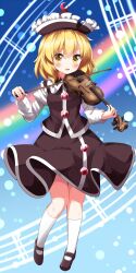 Rule 34 | 1girl, absurdres, black footwear, black hat, black skirt, black vest, blonde hair, blush, bow (music), collared vest, commentary request, crescent, crescent hat ornament, full body, hat, hat ornament, highres, holding, holding instrument, holding violin, instrument, juliet sleeves, long sleeves, lunasa prismriver, mary janes, medium hair, music, open mouth, playing instrument, puffy sleeves, rainbow, ruu (tksymkw), shirt, shoes, skirt, skirt set, socks, solo, touhou, vest, violin, white shirt, yellow eyes