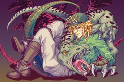 Rule 34 | 1boy, asterisque, bandage on face, bandages, blonde hair, boots, bow, brown footwear, brown gloves, cracked skin, diego brando, dinosaur, dinosaur tail, full body, gloves, gradient background, hat, jojo no kimyou na bouken, male focus, polka dot, polka dot background, saliva, scary monsters (stand), sharp teeth, spurs, steel ball run, tail, teeth