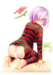 Rule 34 | 1girl, absurdres, alternate costume, artist name, ass, black pajamas, blush, breasts, commentary request, english text, fate/grand order, fate (series), gift, glasses, hair over one eye, highres, idle antics, kneeling, long sleeves, looking at viewer, mash kyrielight, pajamas, panties, purple eyes, red pajamas, short hair, simple background, solo, striped clothes, striped pajamas, underwear, white background, white panties