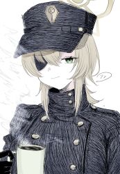 Rule 34 | 1girl, absurdres, black coat, black hat, blue archive, buttons, coat, cup, double-breasted, eyepatch, green hair, green halo, halo, hat, highres, kenkenkenjaa, mug, one eye covered, peaked cap, simple background, solo, suou (blue archive), turtleneck, upper body, white background