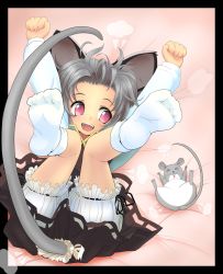 Rule 34 | &gt; &lt;, 1girl, animal ears, arms up, bed sheet, bloomers, border, clenched hand, clenched hands, closed eyes, dress, feet, female focus, foreshortening, framed, grey dress, grey hair, highres, ishikkoro, legs up, lying, mouse (animal), mouse ears, mouse tail, nazrin, on back, open mouth, raised fists, red eyes, short hair, smile, socks, solo, tail, touhou, underwear, white socks