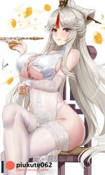 Rule 34 | 1girl, bare shoulders, blush, breasts, bridal gauntlets, chair, cleavage, crossed legs, detached sleeves, gem, genshin impact, hair ornament, hairpin, half updo, highres, lace, lace-trimmed legwear, lace trim, large breasts, lingerie, long hair, looking at viewer, navel, ningguang (genshin impact), parted bangs, pelvic curtain, piukute062, red eyes, sidelocks, simple background, sitting, smile, smoking pipe, solo, thighhighs, thighs, underboob, underwear, white background, white hair, white thighhighs