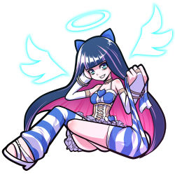 Rule 34 | 10s, 1girl, alternate costume, bad id, bad pixiv id, black hair, blue eyes, colored inner hair, halo, long hair, multicolored hair, panty &amp; stocking with garterbelt, solo, stocking (psg), striped clothes, striped thighhighs, thighhighs, thighhighs pull, two-tone hair, wings, zucchini
