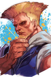 Rule 34 | 1boy, beard, blonde hair, blue eyes, capcom, closed mouth, facial hair, flattop, guile, hand on own chin, hungry clicker, male focus, muscular, muscular male, portrait, short hair, solo, street fighter, street fighter 6, upper body