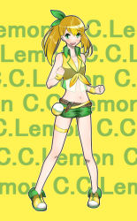 Rule 34 | 1girl, bare legs, bare shoulders, belt, blonde hair, bottle, c.c. lemon, c.c. lemon (character), character name, clenched hands, green eyes, highres, long hair, midriff, navel, shigure ame, shoes, short shorts, shorts, smile, sneakers, solo, thigh strap, twintails