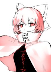 Rule 34 | 1girl, bow, cape, hair bow, covered mouth, kazetto, red eyes, red hair, sekibanki, short hair, sketch, solo, touhou, white background