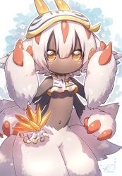 Rule 34 | 1girl, bandam, black skin, blush, breasts, brown eyes, claws, colored skin, extra arms, faputa, female focus, highres, made in abyss, monster girl, navel, small breasts, solo, underboob, white hair