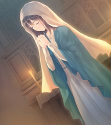 Rule 34 | 1girl, brown hair, candle, candlelight, dress, dutch angle, closed eyes, flowers (innocent grey), game cg, highres, indoors, kousaka mayuri, long sleeves, official art, own hands clasped, own hands together, praying, short hair, solo, sugina miki, window