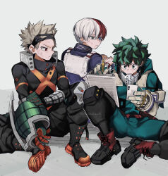 Rule 34 | &gt;:(, 3boys, absurdres, alternate hair color, aqua bodysuit, aqua gloves, baggy pants, bakugou katsuki, bangs pinned back, belt, belt pouch, black footwear, black mask, black pants, blue eyes, boku no hero academia, boots, bright pupils, buckle, burn scar, closed mouth, colored shoe soles, combat boots, commentary request, concentrating, cross-laced footwear, dirty, dirty clothes, eye mask, freckles, frown, full body, gloves, green eyes, green gloves, green hair, grey background, grey eyes, grey gloves, grey hair, hair between eyes, hand on own knee, hands up, heterochromia, high collar, highres, holding, holding pen, holding phone, knee boots, knee up, looking at another, looking to the side, male focus, mask, mask on head, midoriya izuku, mimisu, multicolored hair, multiple boys, notebook, on floor, on ground, orange gloves, outline, outstretched arm, pants, partial commentary, pen, phone, pouch, red belt, red eyes, red hair, scar, scar on face, scratches, shadow, shoe soles, short hair, single horizontal stripe, sitting, snap-fit buckle, spiked hair, split-color hair, spread legs, straight hair, todoroki shouto, toned, toned male, turning head, twitter username, two-tone gloves, two-tone hair, utility belt, v-shaped eyebrows, white hair, white outline, white pupils, wrist guards, writing, x