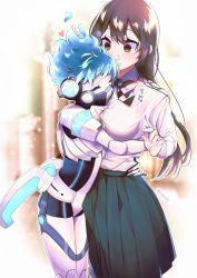 Rule 34 | 1boy, 1girl, ^ ^, black skirt, blue hair, blurry, blurry background, blush, bow, bowtie, breast pillow, breasts, brown hair, button gap, closed eyes, collared shirt, covered mouth, fiery hair, hair ornament, headphones, heart, height difference, hetero, highres, hug, joints, large breasts, long hair, long sleeves, mask, mechanical parts, miniskirt, night raven college uniform, ortho shroud, pleated skirt, respirator, robot joints, shirt, short hair, skirt, standing, striped bow, striped bowtie, striped clothes, twisted wonderland, white background, white shirt, yellow eyes, yucke19, yuu (twisted wonderland)